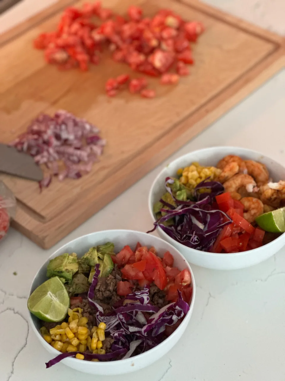 Dinner for two, coming together in the kitchen.